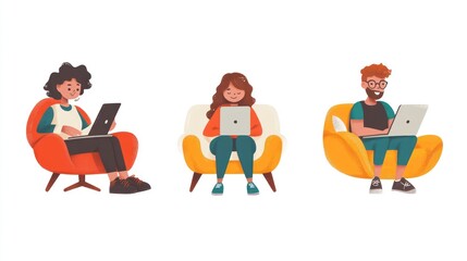 Three people sitting in armchairs using laptops, one woman with curly hair, one woman with straight hair, one man with glasses, all smiling.