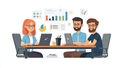 Three coworkers working together at a desk with laptops. They are smiling and appear to be happy and productive.