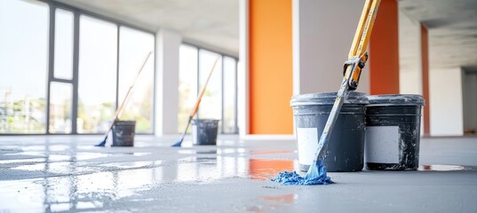 Home Improvement Construction Site Floor Primed and Brushes Ready for Interior Painting