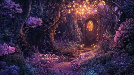 Fototapeta premium Enchanted forest with glowing door and path.