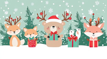 A group of cartoon wild animals, including a bear, fox, and deer, holding colorful gifts in a snowy forest scene, smiling cheerfully