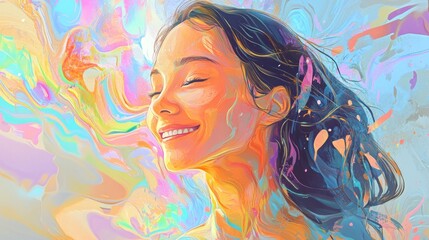 Joyful with a radiant smile, surrounded by a beautiful abstract mix of pastel hues and flowing lines.