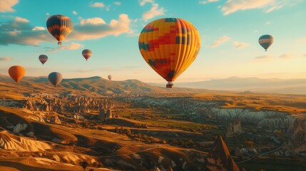 Fototapeta premium Hot air balloons soar over Cappadocia.