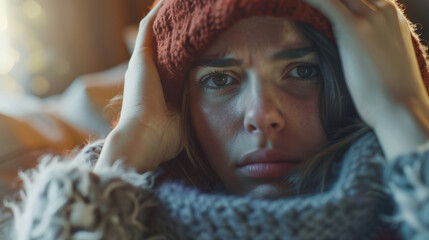 Close-up of a woman who is sick and unwell at home with a cold, fever headache or migraine.