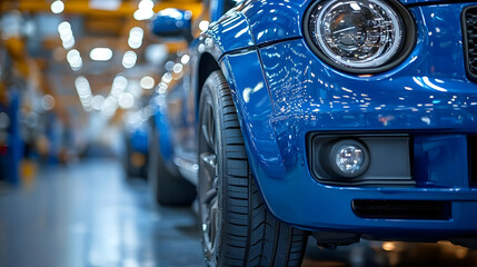 Close-up of a blue car's wheel in an industrial setting.