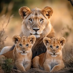 Obraz premium Protective Lioness with Two Adorable Cubs Wildlife Portrait of Family Bond in Savanna.