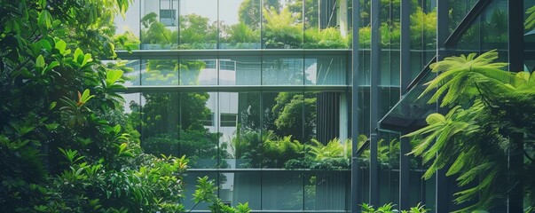 Architecture image with a modern glass building with a lot of green plants trees MONA