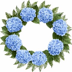 Blue Hydrangea and Fern Watercolor Wreath Design