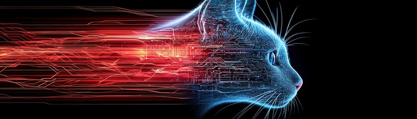 Cyber Cat, digital feline silhouette with glowing circuits, red streaks, futuristic technology theme, black background.