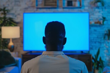 Display mockup afro-american man in his 30s in front of an smart-tv with a fully blue screen