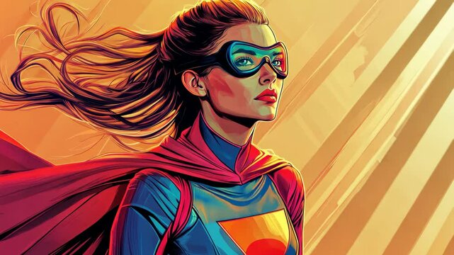 A female superhero stands with her cape billowing in the wind, looking determined and ready to face whatever challenges lie ahead