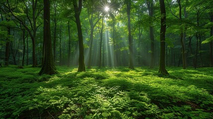 Fototapeta premium Environmental conservation concept, a lush green forest with sunlight filtering through the trees, capturing the importance of preserving natural habitats for biodiversity. Realistic photo. High