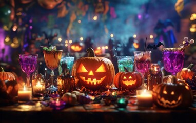 Fototapeta premium A festive scene depicting a group of friends gathered around a beautifully decorated Halloween party table, adorned with carved pumpkins, colorful drinks, and spooky decorations