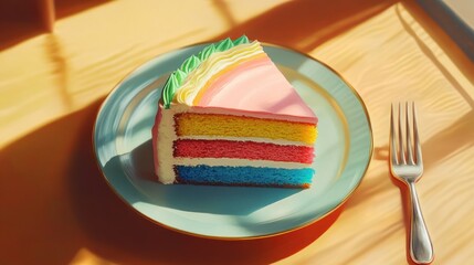 A slice of colorful layered cake on a blue plate with a fork, with light from a window.