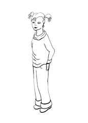 Season spring or fall illustration. Girl with short ponytails in long wide jeans and loose sweater. Linear portrait in retro style. Cartoon female sketch. People in life. Stylized flat human image.