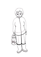 Season spring or fall illustration. Woman with short curly hair in a tracksuit and rubber boots. Linear portrait in retro style. Cute cartoon female sketch. People in life. Stylized flat human image.