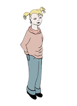 Season spring or fall illustration. Girl with short golden ponytails in wide jeans and loose pink sweater. Linear retro portrait. Cute cartoon female sketch. People in life. Stylized flat human image.