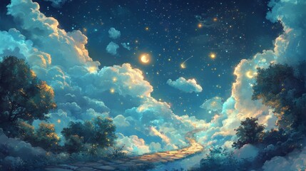 Obraz premium A starry night with a path leading up to the