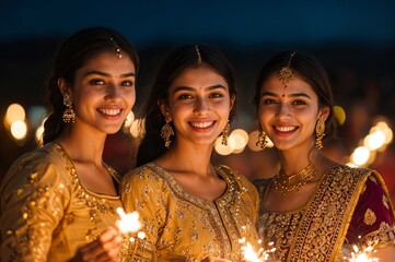 Obraz premium Indian Women Celebrating With Sparklers During Festive Night generative ai 