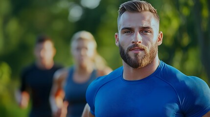 A group of athletic people jogging together in a picturesque park setting as part of their New Year s fitness and wellness journey