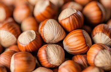 A close-up shot of whole hazelnuts, their shells shimmering with a natural sheen and texture. The background is blurred to emphasize the vibrant colors and textures of each shell. 