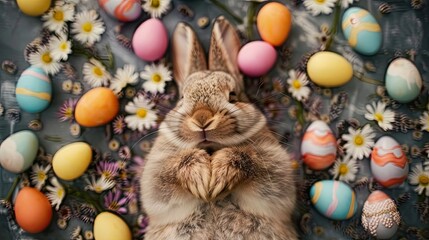 Overhead view of a cute easter bunny asleep with easter eggs, with copy space