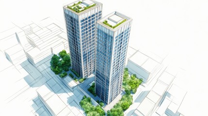 Fototapeta premium Modern skyscrapers with green rooftops in urban design