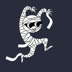 Funny illustration of a mummy with white gauze wrapping, walking in the night and trying to look scary by spreading its fingers, ideal for children's content and halloween.