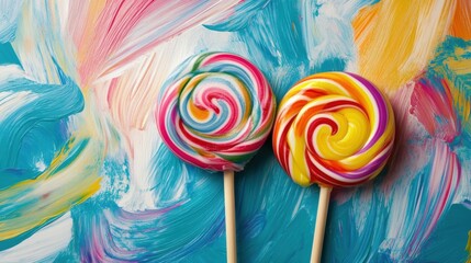 Two colorful lollipops on an abstract background.