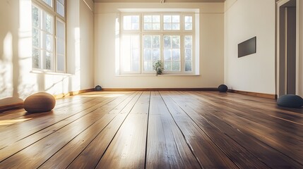 140. A polished wooden floor in a minimalist yoga studio