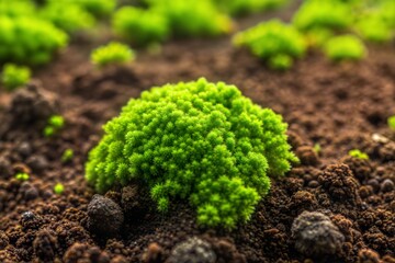 Green moss thriving in brown soil with rich dirt texture