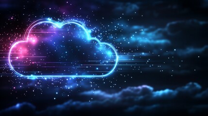 Futuristic glowing digital cloud in a starry sky representing technology, innovation, and connectivity concepts.