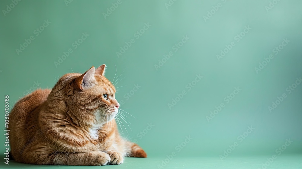 Wall mural overweight cat looking to side on green background, studio shot, concept of diabetes, lose weight an