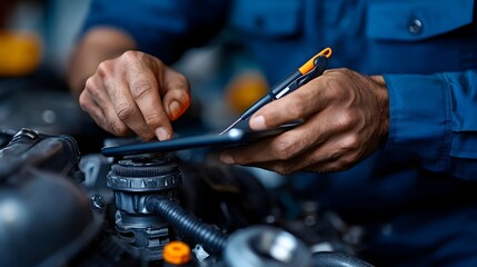 Skilled mechanic using tablet to troubleshoot and analyze diesel truck engine performance in a state of the art auto repair shop equipped with modern technology and tools