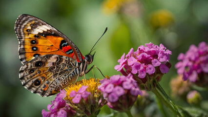 Naklejka premium macro shot of a colorful butterfly resting on a vibrant flower
