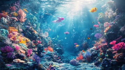 Fototapeta premium Underwater scene with colorful coral and fish.