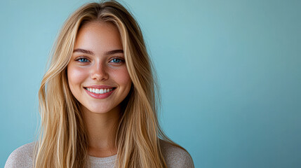 A woman with long blonde hair is smiling at the camera