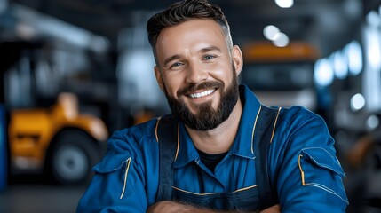 Skilled Mechanic in Coveralls Using Modern Tablet Based Diagnostic Tools to Inspect and Analyze Truck Engine for Repair and Maintenance