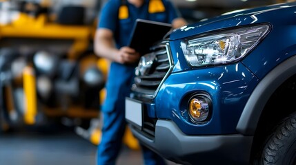 Skilled Automotive Mechanic Conducting Diesel Engine Diagnostics Using Digital Tablet Surrounded by Tools and Parts in a Repair Shop Environment