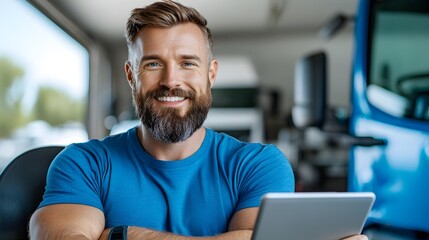 Auto technician examining a truck s engine using a digital tablet for diagnostics in a well lit organized garage workspace