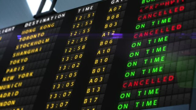 Information board with cancelled flights. Airport closed, flights cancelled on the information board at the airport. Departure board with red announcements about cancelled flights due to bad weather.