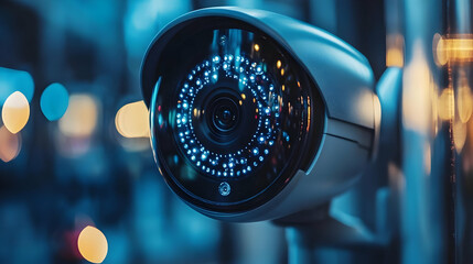 Close-up of a security camera with illuminated features.