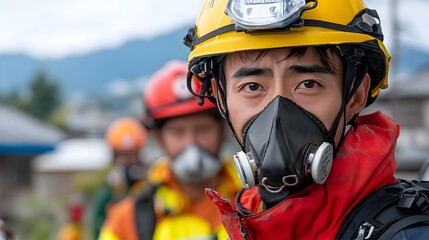 Naklejka premium Firefighters and paramedics working together to provide critical emergency care and treatment to victims in a disaster zone after a major incident or crisis event