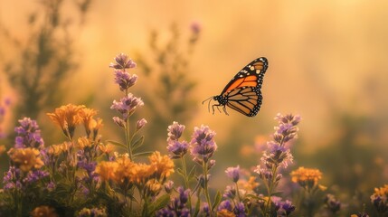 Butterfly flying over a field of wildflowers.