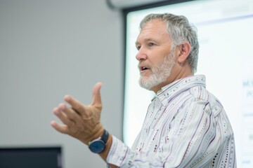 App demo caucasian man in his 50s in front of a interactive digital board with a completely white screen