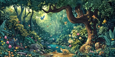 Obraz premium Lush green forest with flowers, a stream, and creatures.