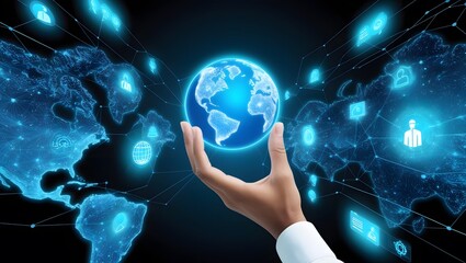 Hand holding a brilliant blue earth hologram on a dark black background. Business and innovative technology concepts. Theme Modern technology and the metaverse