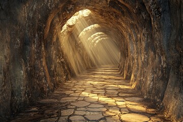 Naklejka premium A serene underground passage illuminated by sunlight streaming through openings at dusk in a rocky cave. Generative AI