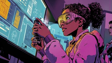 A young inventor, wearing protective goggles, presents her creative device while working in a futuristic lab