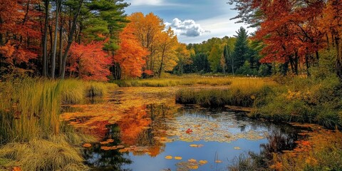 Autumn leaves reflecting in a pond.